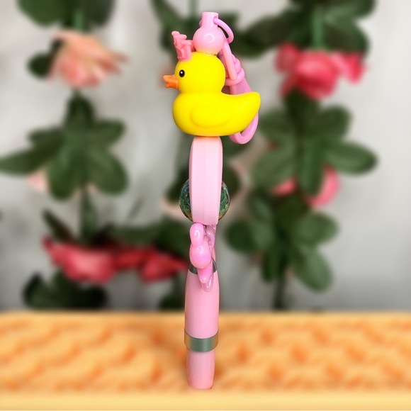 Cute Ducky Wearing Pink Crown on a Moon Handmade Beaded Keychain Pen - Picture 2 of 7